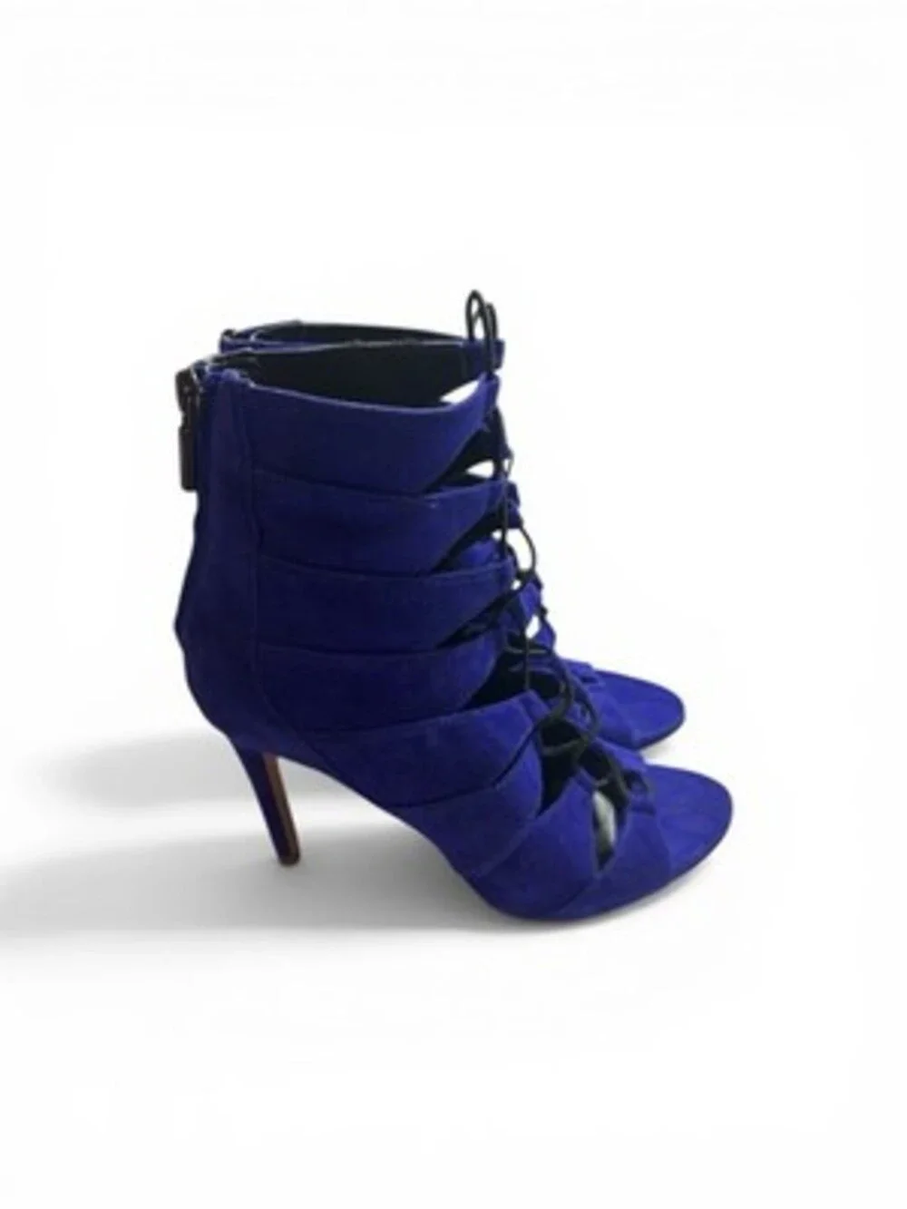 Kenneth Cole Blue Suede Ankle Bootie Women Open Toe Lace-Up Zip Solid Size 7.5